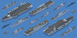 Isometric Carrier battle group. Naval fleet consisting of an aircraft carrier capital ship and its large number of escorts, together defining the group, amphibious assault ship