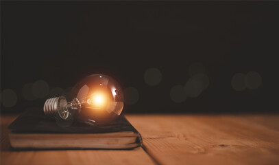 Wall Mural - Glowing light bulb on a cover of book, Educational knowledge and business education ideas, Innovations, Inspiring from read concept, knowledge and searching for new ideas. Thinking for new idea.
