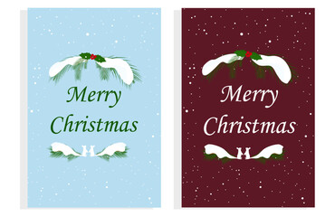 A set of postcards for Christmas. One style and design two colors. Congratulatory card in flat style. Pine branches, mistletoe and snow.