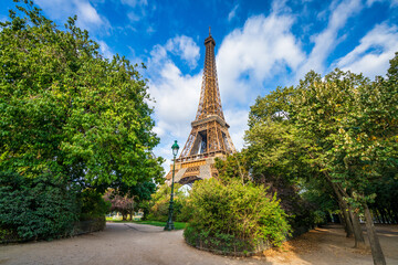 Poster - Aerial sunset panorama of Paris with Eiffel Tower in the center. France