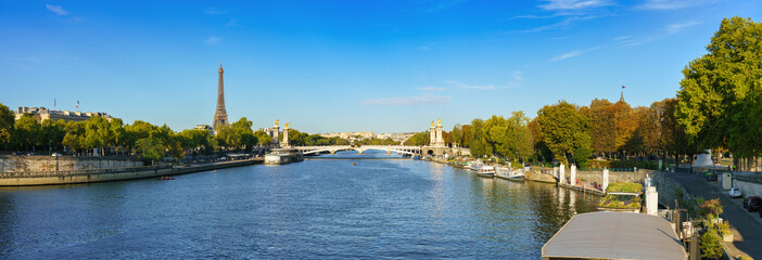 Pont Alexandre III bridge on seine river with Eiffel Tower in Paris. France