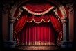  a stage with a red curtain and a stage set with columns and pillars and a stage curtain with a red curtain. generative ai