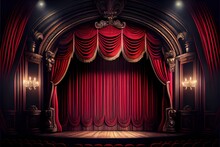  A Stage With A Red Curtain And Chandelier In The Middle Of It With Chandeliers Hanging From The Ceiling.