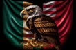  a bald eagle standing in front of a flag of the united states of america with a gold eagle on it's talon. Generative AI