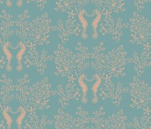 Print, Sea Horses And Corals On Teal, Vector Repeat Pattern