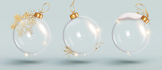 Wall Mural - christmas ornaments glass transparent balls empty inside. set of christmas ball hanging on gold ribb