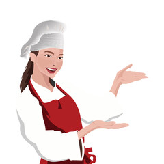 Wall Mural - woman chef wearing a white coat ,red apron  and a kitchen hood on her head while smiling