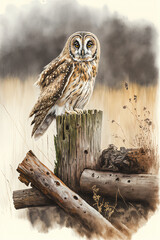 Poster - Short Eared Owl resting on a stump in a wood pile