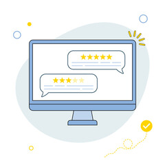Wall Mural - Customer reviews. User reviews bubble on computer. Feedback, experience concept. Online review notifications with star ratings. Flat style. Vector illustration