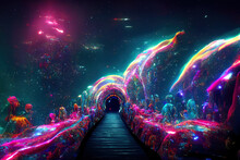 AI Generated Surreal Reality Concept Of Cosmic Space Portal With Pathway In Colorful Glowing Iridescent Light. Digital Art AI Generated Image Cosmic Bizarre Portal Abstract.