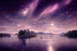 Starry night lake with bright star shine in the sky horizon reflecting on silky lake with splendid natural landscape in digital art AI generated image. Beautiful natural scenery of purple light night.