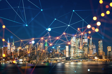 New York City skyline from New Jersey over the Hudson River with Hudson Yards at night. Manhattan, Midtown. Social media hologram. Concept of networking and establishing new people connections