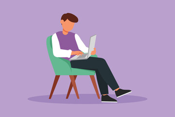 Wall Mural - Cartoon flat style drawing young male with laptop sitting on chair. Businessman planning project. Freelance, distance learning, online courses, and studying concept. Graphic design vector illustration