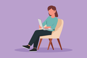 Wall Mural - Graphic flat design drawing young female character working on a laptop from home, social distancing, remote office. Daily life of freelance worker, student education. Cartoon style vector illustration