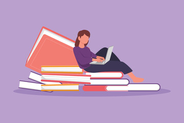 Wall Mural - Character flat drawing young woman studying with laptop sitting and leaning on big books. Back to school, intelligent female student, online learning education. Cartoon draw design vector illustration