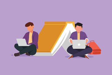 Wall Mural - Graphic flat design drawing two young man studying with laptop and leaning on big book. Back to school, smart student sitting and learning together, online education. Cartoon style vector illustration