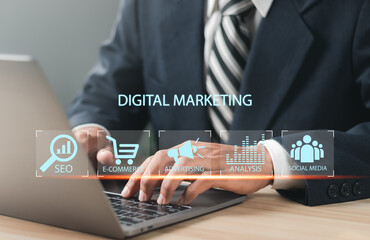 Wall Mural - online marketing business technology concept. businessman working with laptop with on screen virtual