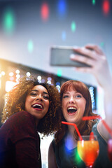 Wall Mural - Friends, selfie and women party and holiday celebration with cocktails at new year event and smile in photo, smartphone and happy. Social, celebrate holiday and happiness in picture with alcohol.