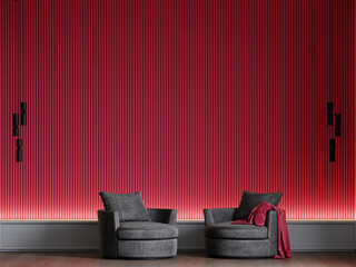 Viva magenta is a trend colour year 2023 in the  luxury living. Painted mockup wall for art - crimson red burgundy color tone. Mockup modern room design interior room. Accent background. 3d render 