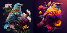 Abstract Spring Composition, Floral Design, Two Birds On A Branch, Flowers, Blue Bird, Surreal Composition, Dark Background, Collection