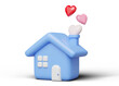 © media-ja - 3d blue house with pink heart smoke. Cute home model of care and love symbol. life after marriage, real estate, mortgage, loan concept. Mockup cartoon icon minimal style. 3d rendering illustration.