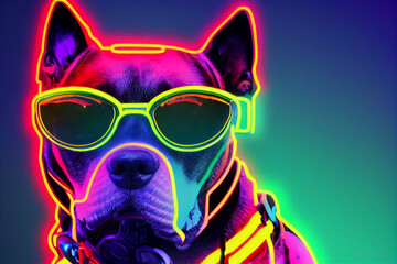 cyberpunk Pitbull dog with sunglasses, dressed in neon color clothes