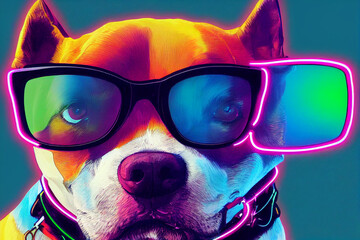 cyberpunk Pitbull dog with sunglasses, dressed in neon color clothes