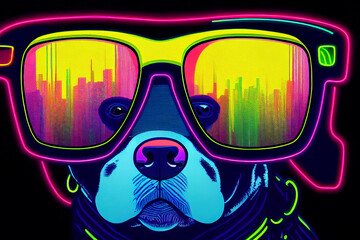 Poster - cyberpunk Pitbull dog with sunglasses, dressed in neon color clothes