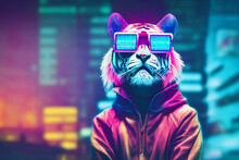 Cyberpunk Tiger With Sunglasses, Dressed In Neon Color Clothes