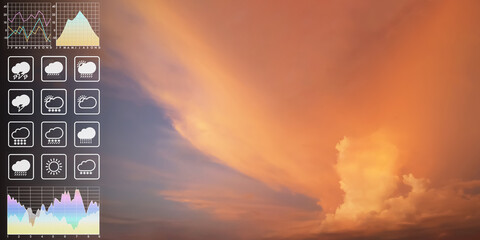 Wall Mural - weather forecast symbol data presentation with graph and chart on dramatic atmosphere panorama view 