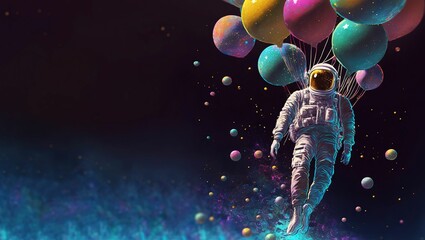 Wall Mural - ai-generated illustration of an astronaut floating through space with colorful balloons