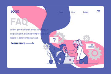 Aufkleber - Office team. FAQ landing page. Business support. Women work with computers. . Professional question answers. Online help service. Technical assistance. Vector website template design