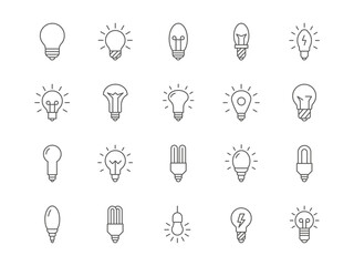 Light bulb. Line lamp symbols. Idea icons. Simple lightbulb with electric filament. Innovation and inspiration. Fluorescent lighting. Illumination signs set. Vector outline illustration