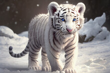 Cute Tiger Cub Playing In Snow Winter, Generative Ai