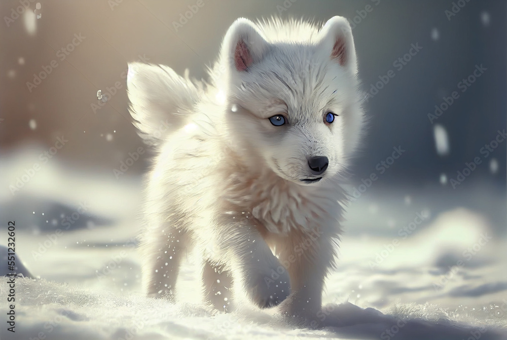 Cute wolf baby/puppy playing in winter snow portrait, Generative ai ...