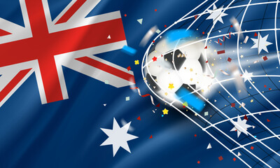 Wall Mural - The ball in the soccer net. Goal vector concept with flag of Australia. 3d vector banner with blur effect