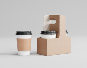 Coffee cup takeout holder, kraft cafe carrier mockup, 3d rendering, 3d modeling