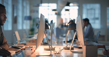 Digital marketing, computer or employees working on an seo strategy for online sales on company website. Focus, black man and young woman researching global data analytics, ai or algorithm in office