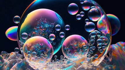 Sticker - Illustration of colorful soap bubbles floating in the air with reflections