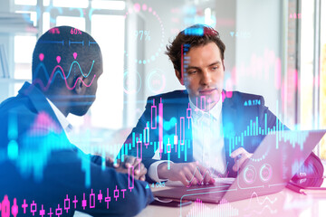 Wall Mural - Businessmen work together with laptop on desk, forex diagrams and analysis