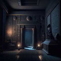 Sticker - Black room interior in ancient Egyptian style, gold decor, fantasy interior. Ancient Egypt, black interior, gold, night lights, shadows.