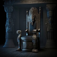 Sticker - Throne of the Pharaoh. Black room interior in ancient Egyptian style, gold decor, fantasy interior. Ancient Egypt, black interior, gold, night lights, shadows.