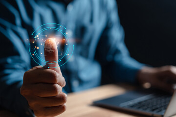 Futuristic digital processing of biometric identification fingerprint scanner. concept of surveillance and security scanning of digital programs cyber futuristic applications