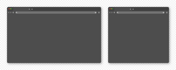 Blank web browser window with tab, toolbar and search field. Modern website internet page in flat style. Browser mockup for computer, tablet or smartphone. Adaptive UI, dark mode. Vector illustration