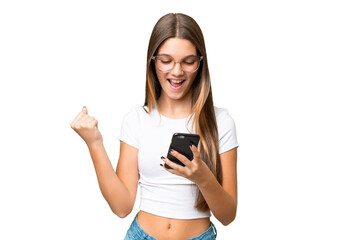 Sticker - Teenager caucasian girl over isolated background surprised and sending a message