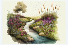 Flowers, Stream Small Pond Ink Line Watercolor, Field Grass Wildflowers, Generative Ai