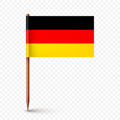 Realistic German toothpick flag. Souvenir from Germany. Wooden toothpick with paper flag. Location mark, map pointer. Blank mockup for advertising and promotions. Vector illustration