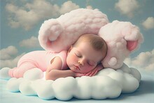 Digital Illustration, Child With Closed Eyes Sleeping Baby Toddler. On Cloud Pillows, Soft Pastel