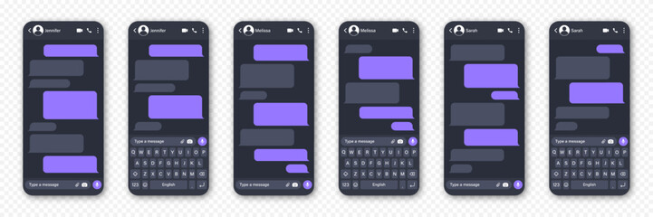 Messaging app design, user interface. Blank SMS text frame. Conversation chat screen with violet message bubbles. Social media application. Vector illustration.