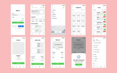 Online Grocery app screens set for mobile app template UI UX GUI user interface kit. online supermarket.